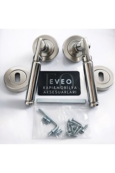 EVEO YUVARLAK ROZETLİ LÜKS NİKEL PARİS ODA KAPI KOLU (1 KAPIYA GÖRE TAKIM )