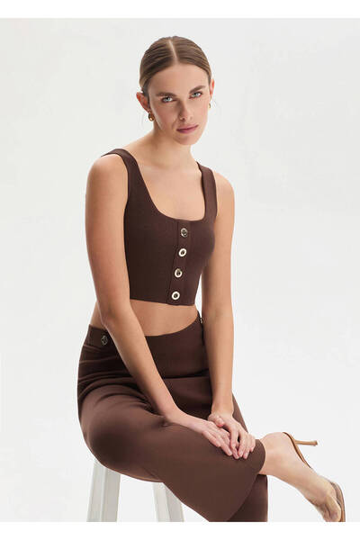 Knitss Kahve Crop Triko Üst
