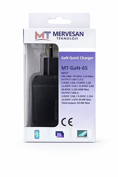 Mervesan Trio GaN 65W PD Seyahat Hızlı Şarj Aleti 2 USB-C+USB-A