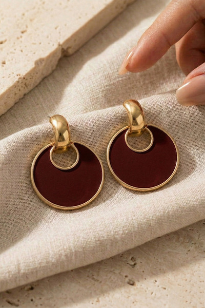 Glaren Bordo Sallantılı Yuvarlak Altın Renk Kadın Küpe