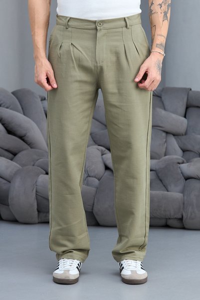 BY İMPALA MODA Bol Kesim Baggy Kalıp Düğmeli Keten Kumaş Pantolon
