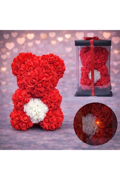 velve Ursulet floral 25 cm, cu LED-uri luminoase, trandafiri spuma cu inima a...