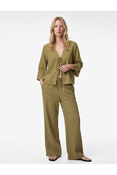 Koton Linen Blended Long Wide Sleeve Front Tie-Detail Bow Detail Short Kimono...