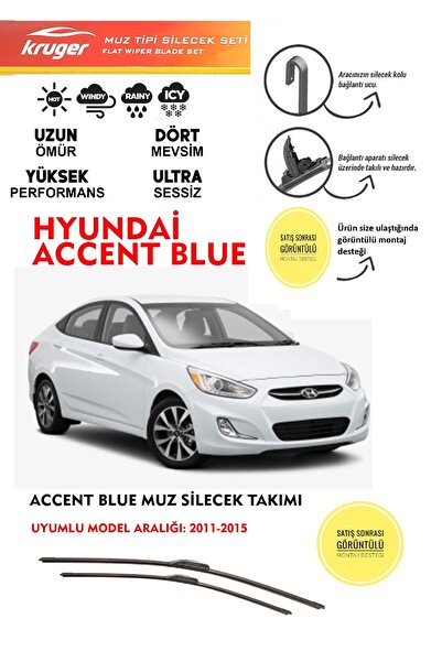 KRUGER Hyundai Accent Blue Cam Muz Silecek Takımı 2012 Model Araca Özel Aparat