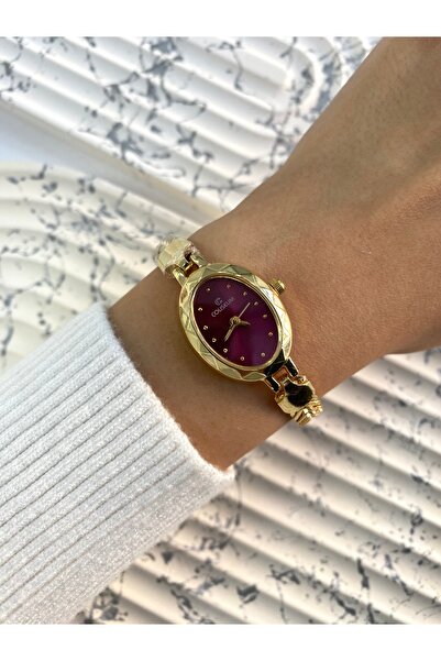 Mazzy Vintage Oval Gold İçi Bordo Kadın Kol Saati
