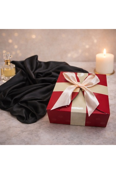 velve Esarfa scurta de dama, din matase satinata, in cutie cadou, Negru, 70x7...