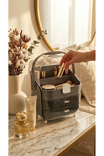MAKRİ HOME Transparent Lid Makeup and Jewelry Organizer, with Drawers, Gray, ...