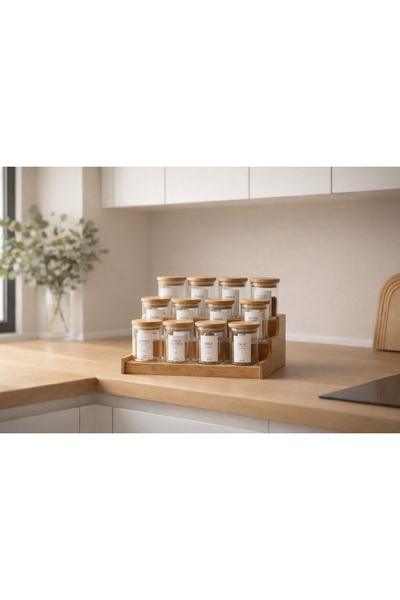 magical dreams 3 katlı Ahşap standlı 12’li mika Kavanoz,Baharatlık (28 adet e...