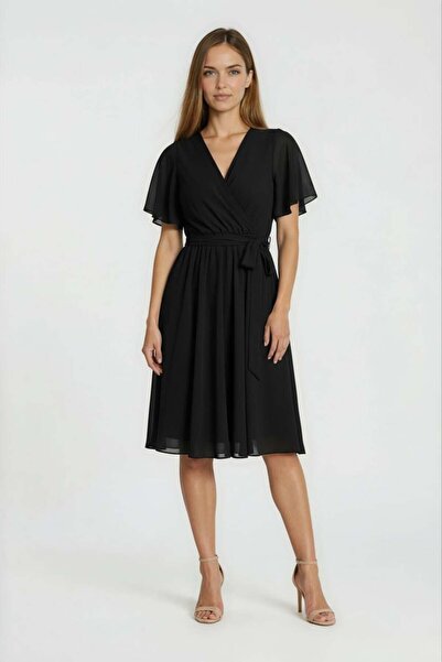 Spazio Leonello Kruvaze Şifon Elbise SİYAH