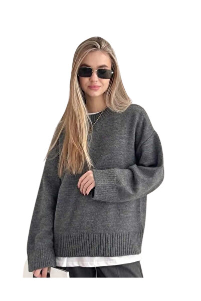 MODASPARK سترة تريكو نسائية كبيرة الحجم برقبة دائرية من أنثراسايت