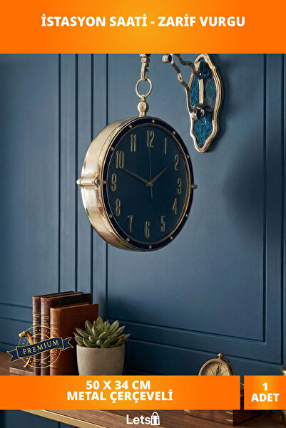 Letsii Metal Çerçeveli Modern Duvara Asmalı İstasyon Saati 50x34 cm