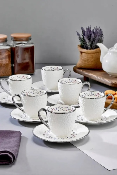 Cooker 6'lı Rölyef Desenli 90 ml Porselen Kahve Fincan Seti | Çiçekli Şık Kut...