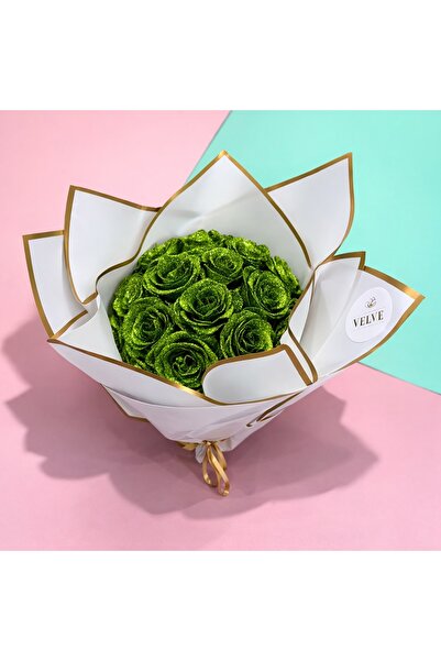 velve Buchet Glitter Roses cu 19 trandafiri verzi decorativi, buchet premium ...