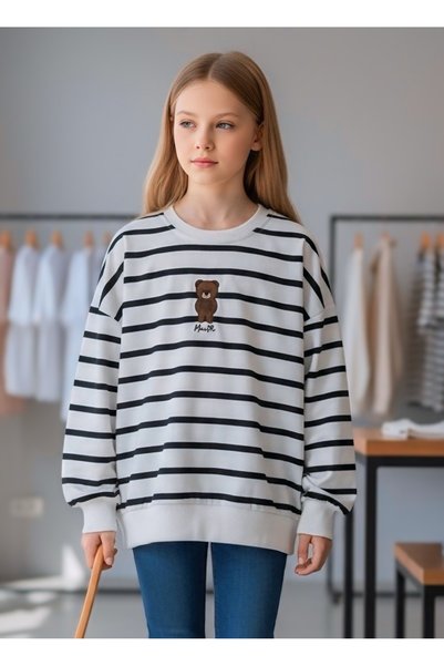 Minimoda Kids Hanorac brodat cu ursuleț de pluș în dungi pentru fete