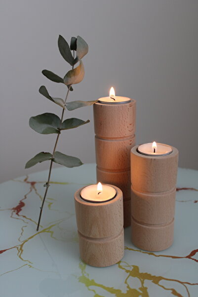 Sienta Home Dekoratif Ahşap Silindir 3’lü Mumluk Seti - Şamdan Doğal Gürgen(K...
