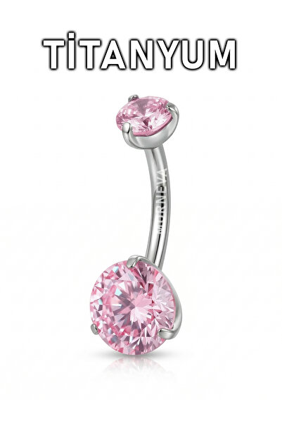 MORNEVA Titanyum Pembe Kristal Daire Taşlı Minimal Göbek Belly Piercingi