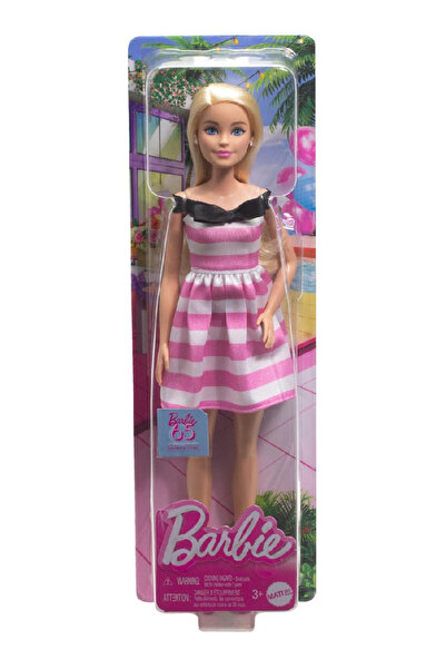 Barbie Păpușă blondă Papusa cu rochie roz cu dungi , aniversară de 65 de ani ...