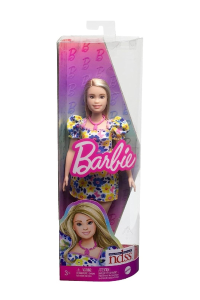 Barbie Papusa Fashionistas cu sindrom Down purtând o rochie florală (HJT05)