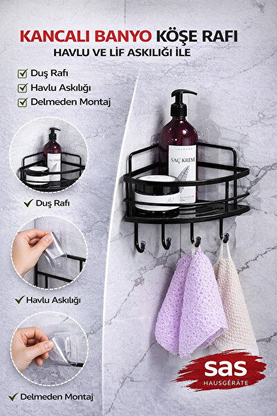 Sas Haus Raft de colț pentru baie, cu adeziv unic, cu 4 cârlige – Raft de cri...