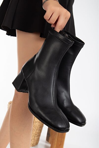 Elegant steps Cİlt Kadın Kalın Kare Burun Topuklu Fermuarlı Çorap Kısa Bot