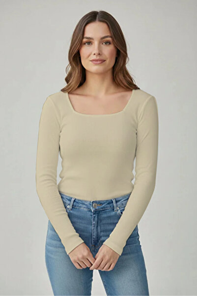 CHEISU Tricou de damă ecru cu mânecă lungă și guler pătrat, bluză tip camisol...