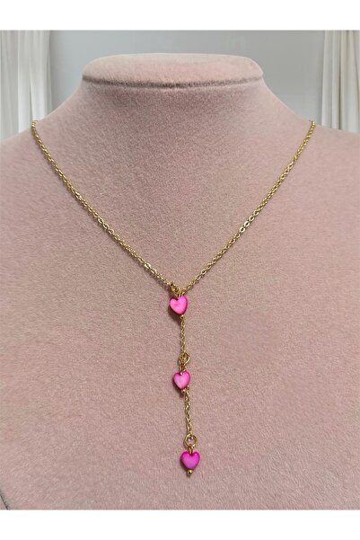 Gold Color Pink 3-Piece Heart Y Necklace