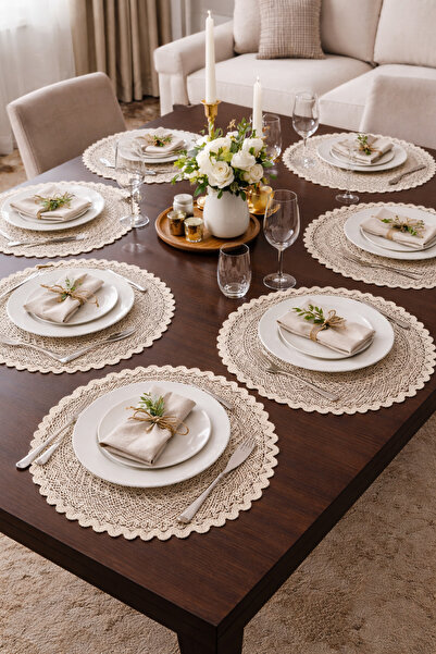 DİLEX Nakışlı Dantel Detaylı Bej Supla Seti 8 Adet 37 cm Amerikan Servis Sofr...