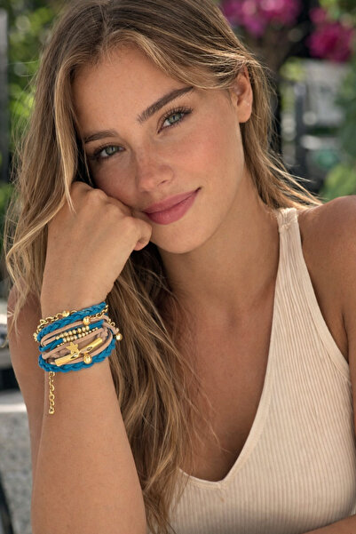 Kutcha Accessories Mavi Süet Ve Gold Çoklu Kadın Bileklik