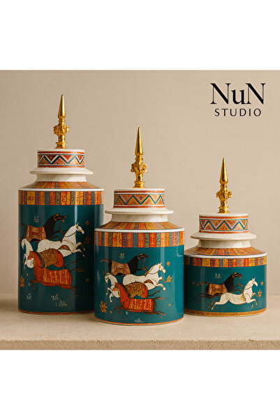 EVSA DEKORATİF مزهرية بغطاء ثلاثي من السيراميك