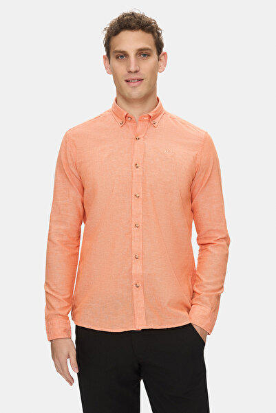 UCLA JACQUEZ - Ανδρικό πουκάμισο με πορτοκαλί λινό κέντημα Standard Fit