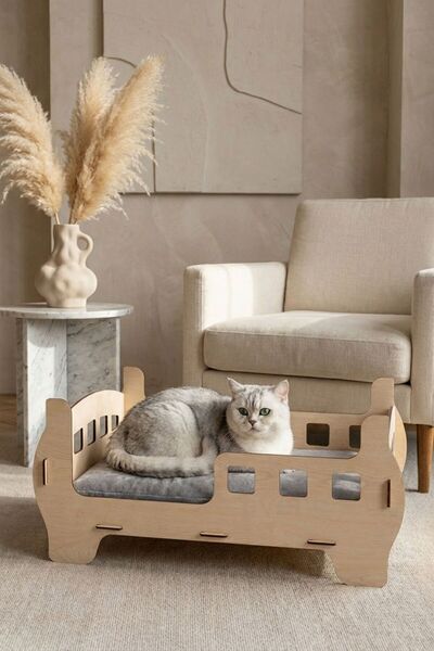 Evene Büyük Kedi Yatağı Dekoratif Ahşap Dayanıklı Açık Meşe Renk Beşik Karyol...