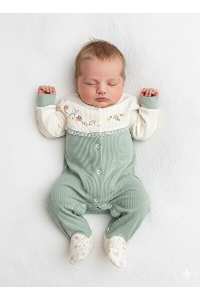 Gaye Çiçekli Mint Yeşili Yenidoğan Patikli Tulum