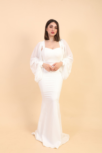 Abad فستان تركي ضيق راقي باللون الابيض بأكمام واسعة من الشيفون