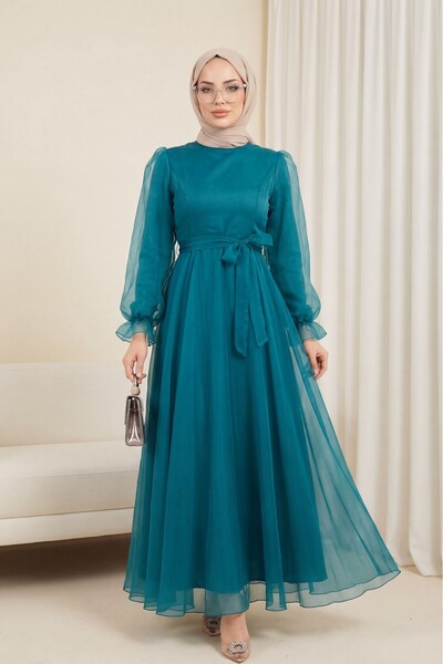 HİJABAYA Rochie de seara din tul cu curea cu maneci bufante si fusta