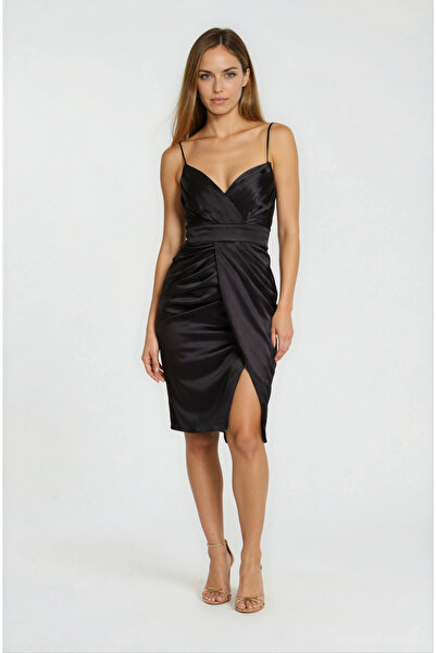 Spazio Minella Straplez Pileli Kısa Abiye Elbise SİYAH