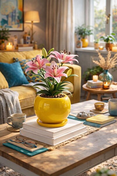 Evdek Tabaklı Sarı Tombul Çömlek Saksı 16x15 Cm