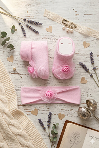 baby socks Bandanali Gül Fiyonklu Hediyelik Kız Bebek Çorap Takim