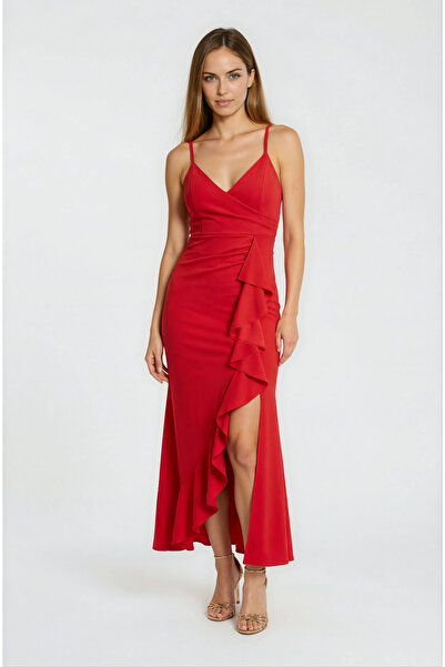 Spazio Amulia İnce Askılı Önü Fırfırlı Uzun Abiye Elbise KIRMIZI