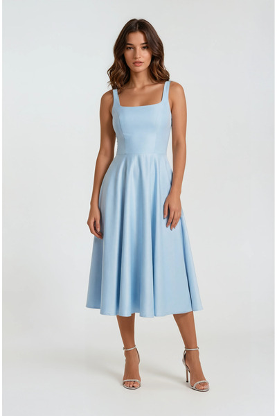 Spazio Nema Sırtı Çapraz Bağlamalı U Yaka Midi Abiye Elbise MAVİ