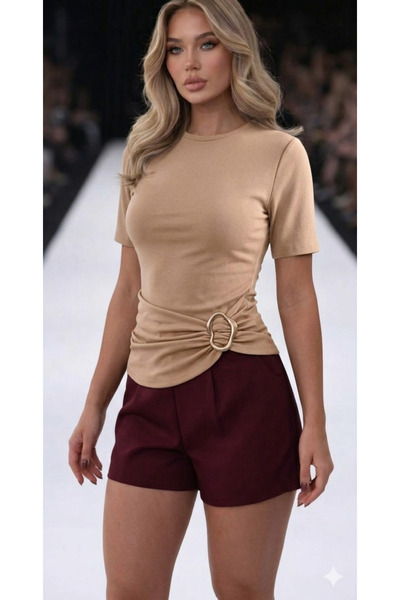 Lufthimm New Women's Buckle Waist Detail Sandy Short Sleeve Blouse
