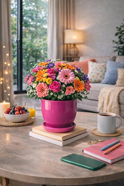 Evdek Tabaklı Pembe U Çömlek Saksı 24x24 Cm