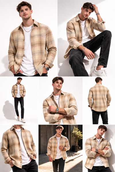 COCOCAN8 ERKEK ODUNCU GÖMLEK UZUN KOL EKOSE DESEN YUMUŞAK DOKULU BEJ SLİM FİT