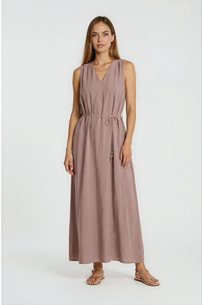 Spazio Elmaleh V Yaka İnce Kemerli Elbise VİZON