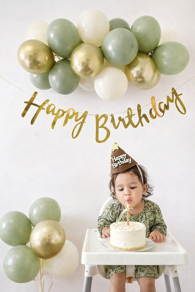 Parti dolabı 7 Küf Yeşili 3 Krom Gold 3 Kum Rengi Pastel Balon Gold Happy Bir...