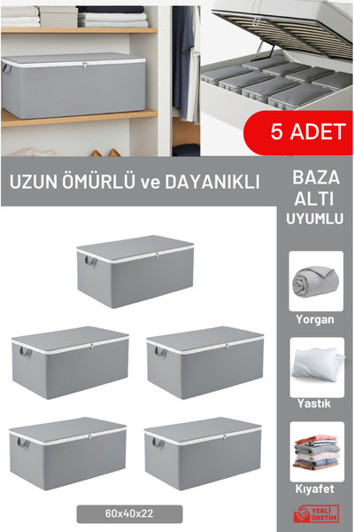 EVSELLA 5'li Set - Antrasit Büyük Boy Baza Altı & Çekyat Altı Hurç (65 x 45 x...