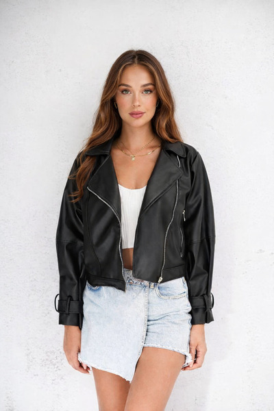 İLKCET MODA Jachetă de piele neagră oversize cu mânecă balon