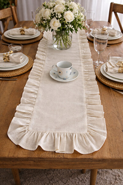 hydesing Ham keten fırfırlı bej runner 40x110cm