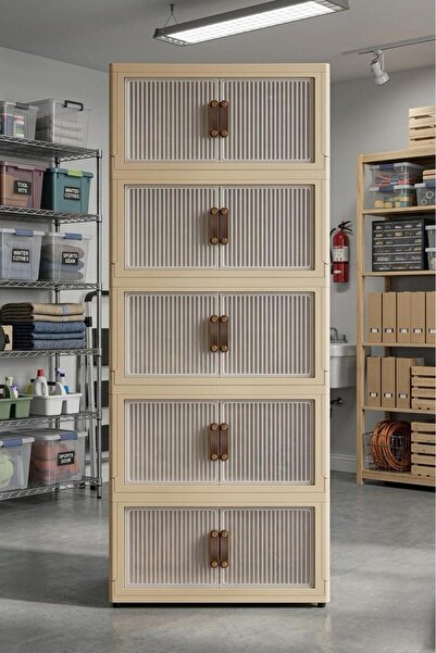 MOSTAFA خزانة ملابس من 5 طبقات بلون بني قهوة مزودة بعجلات ومقبض، قابلة للطي و...