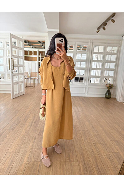 FEMMESTUDIO Set rochie cu curea din frânghie pentru cămașă galbenă pentru femei