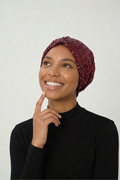 elysianfidan Payetli Astarlı Bordo Hazır Türban Tesettür Abiye Bone